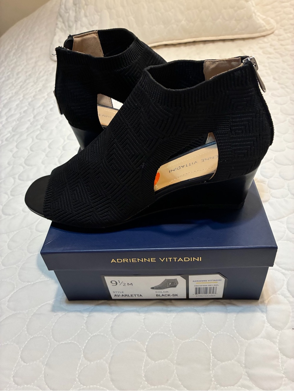 Adrienne Vittadini Black Knit Open-Toe Wedge Sandals